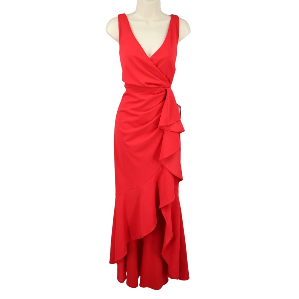 Betsy & Adam Red V-Neck Ruffled Prom Gown